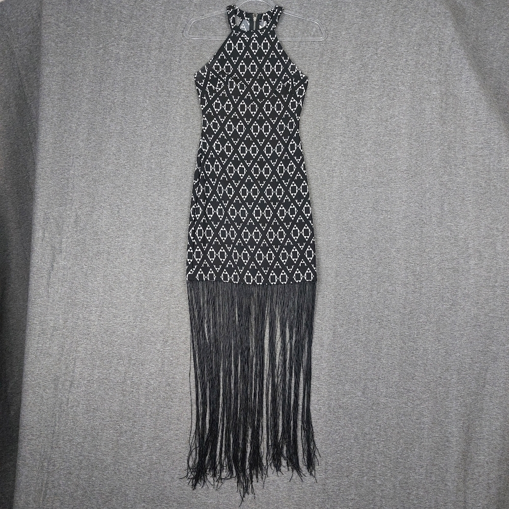 H&M COACHELLA WOMENS BLACK WHITE GEOMETRIC LONG FRINGE FESTIVAL DRESS SIZE 2